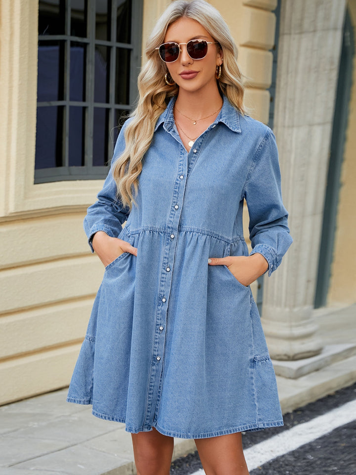 Tiered Button Up Long Sleeve Denim Dress | Trendsi