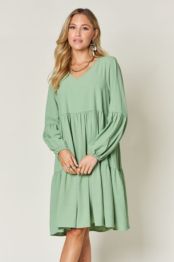 Double Take Full Size V-Neck Balloon Sleeve Tiered Dress | Trendsi