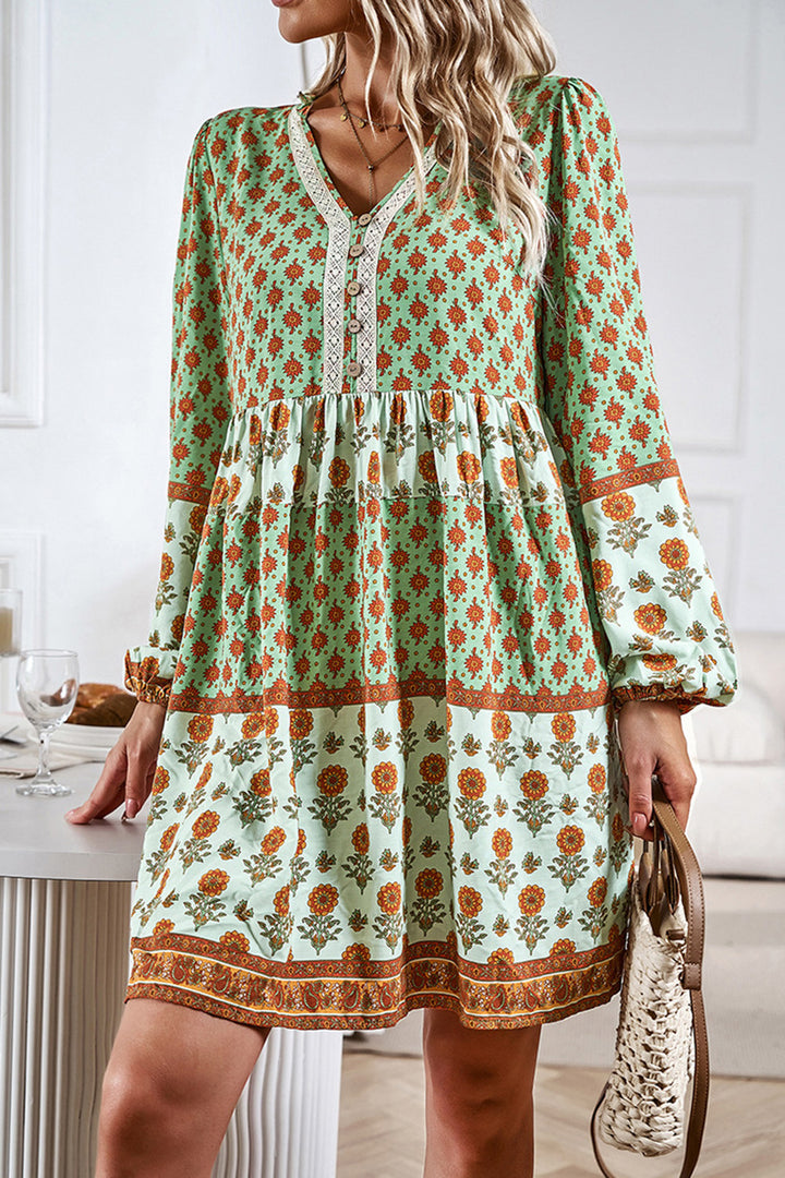 Printed V-Neck Long Sleeve Dress | Trendsi