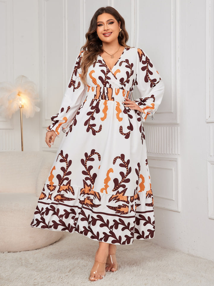 Plus Size Printed Surplice Flounce Sleeve Dress | Trendsi