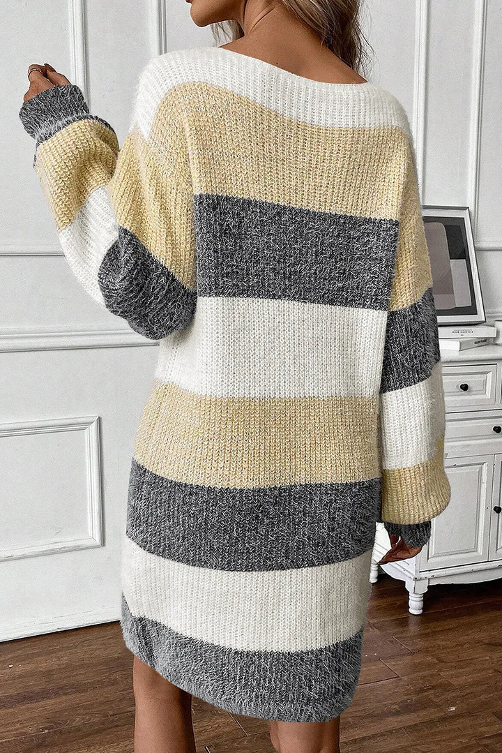 Color Block Boat Neck Long Sleeve Sweater Dress | Trendsi