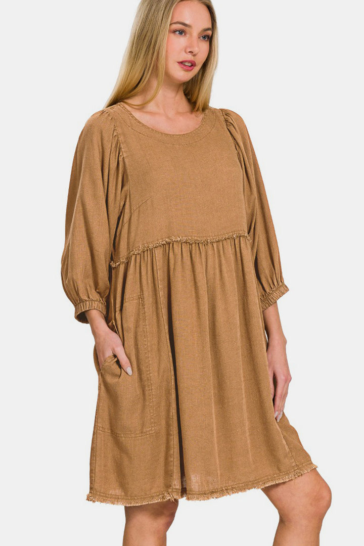 Zenana Washed Linen Pleated Puff Sleeve Babydoll Dress | Trendsi