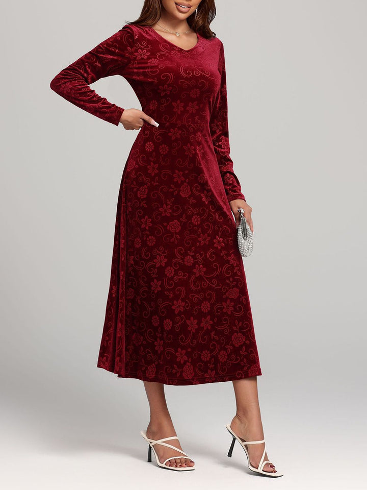 Flower Print V-Neck Long Sleeve Midi Dress | Trendsi