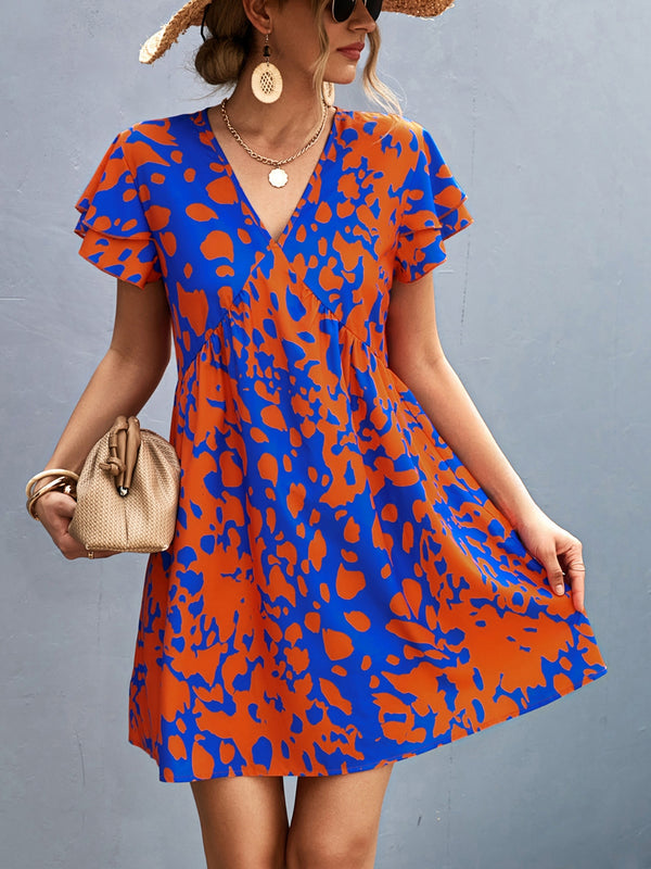 Ruffled Printed V-Neck Short Sleeve Mini Dress | Trendsi