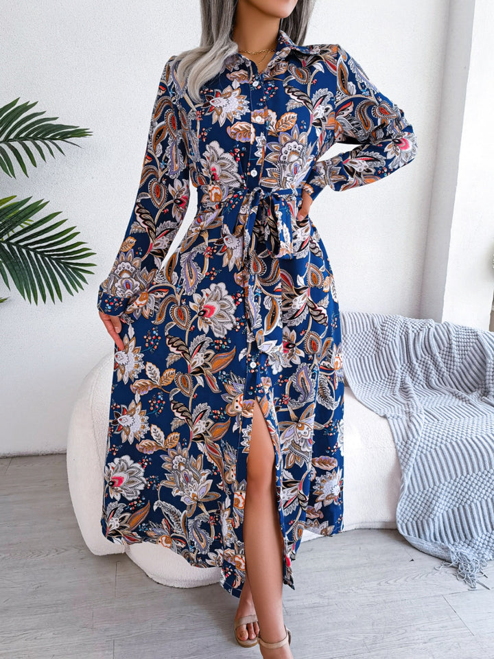 Tied Printed Long Sleeve Midi Dress | Trendsi