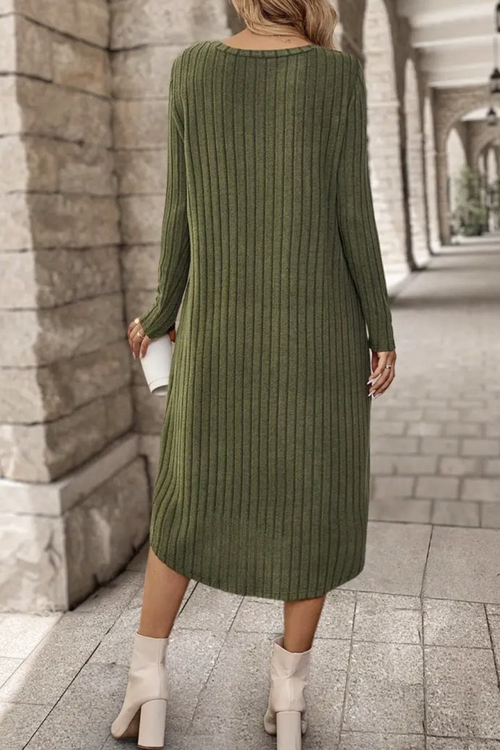 Ribbed Curved Hem Round Neck Long Sleeve Dress | Trendsi