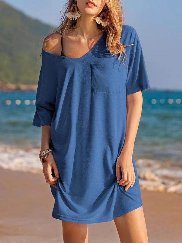 Pocketed V-Neck Short Sleeve Tee Dress | Trendsi