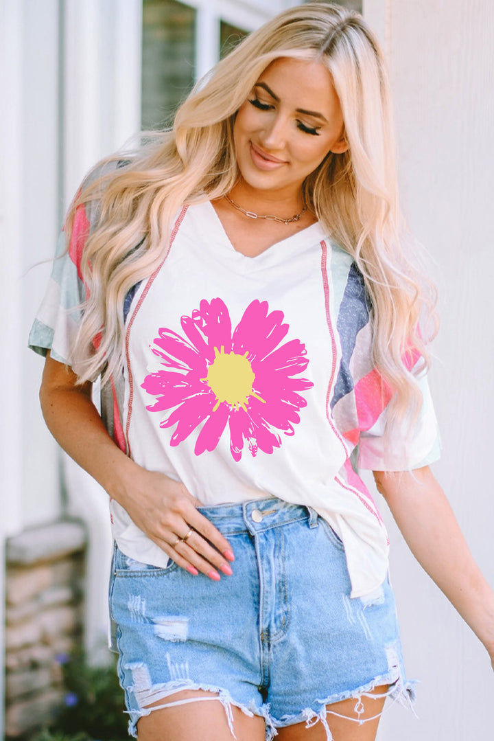 Daisy Graphic V-Neck Half Sleeve T-Shirt | Trendsi