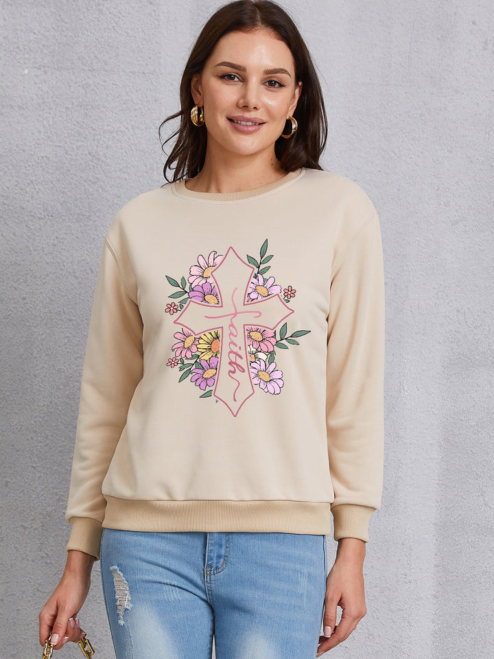 Cross Graphic Round Neck Dropped Shoulder Sweatshirt | Trendsi