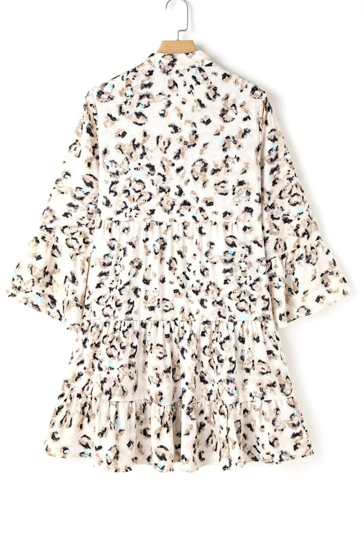 Leopard Notched Long Sleeve Tiered Dress | Trendsi