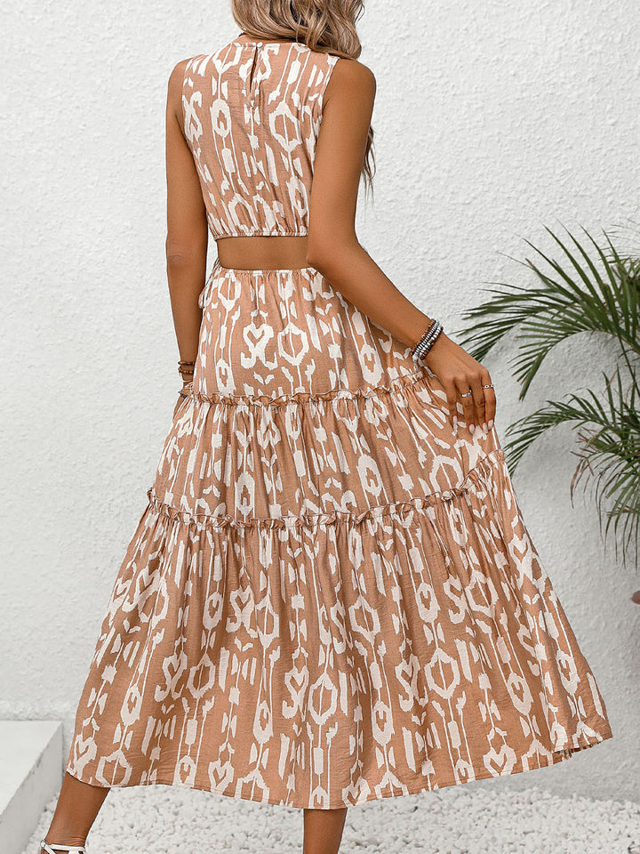 Frill Cutout Printed Round Neck Sleeveless Dress | Trendsi