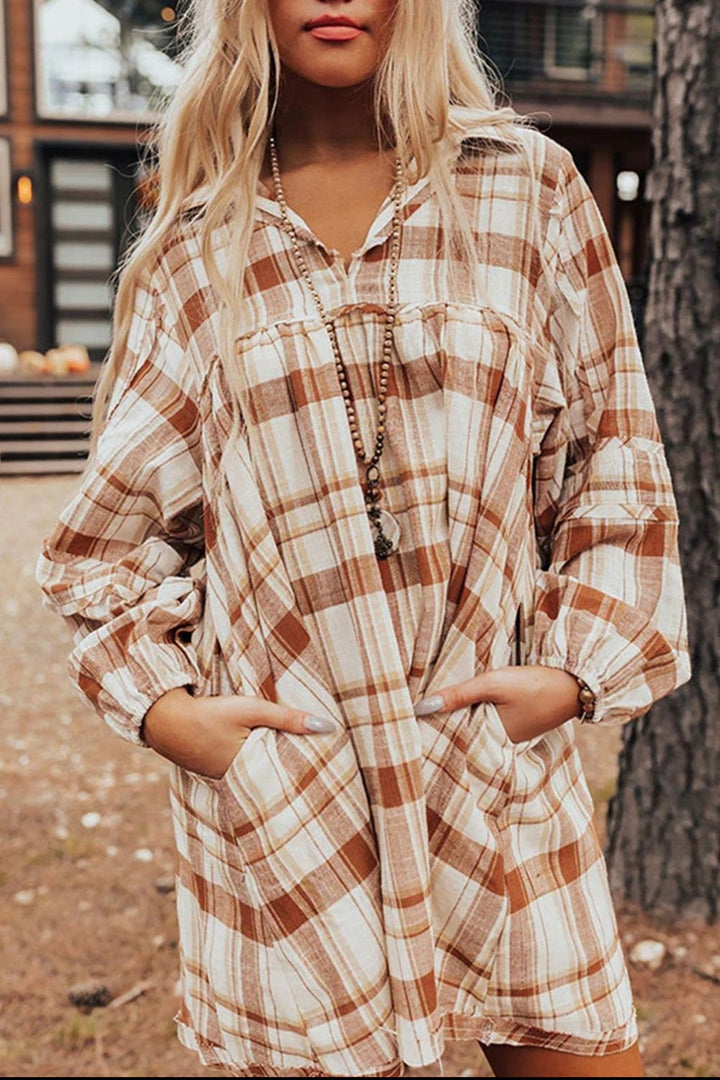 Plaid Collared Neck Long Sleeve Mini Shirt Dress | Trendsi