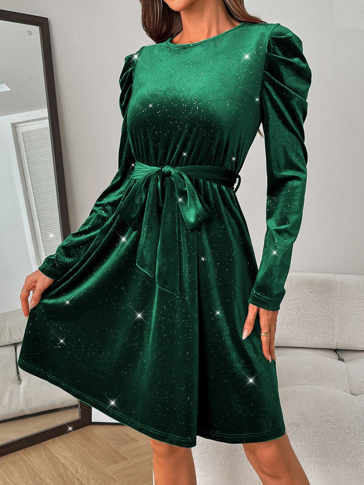 Glitter Round Neck Puff Sleeve Dress | Trendsi