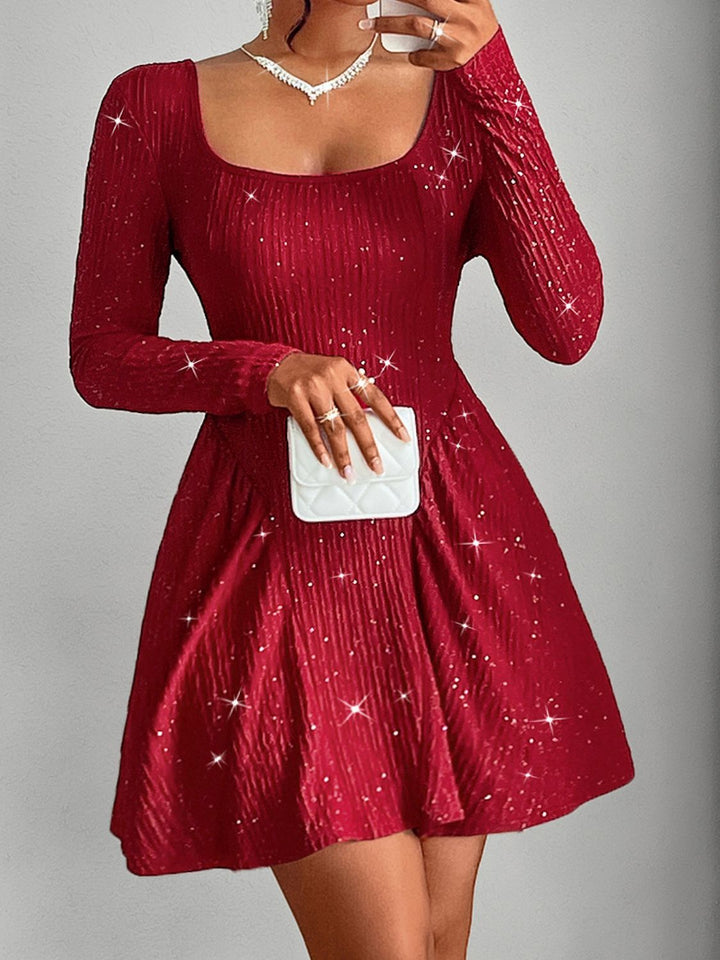 Backless Glitter Square Neck Long Sleeve Mini Dress | Trendsi