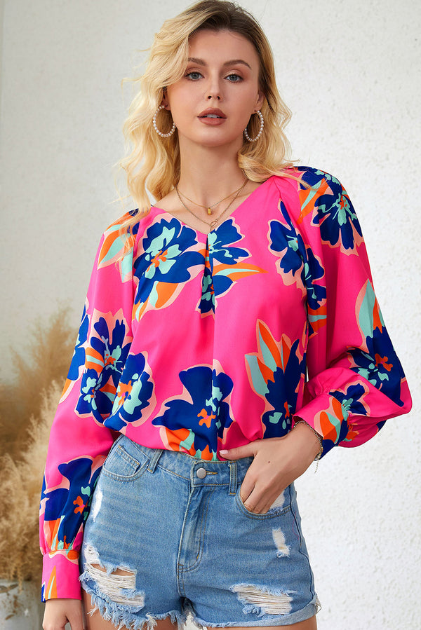 Floral Print V-Neck Lantern Sleeve Blouse | Trendsi