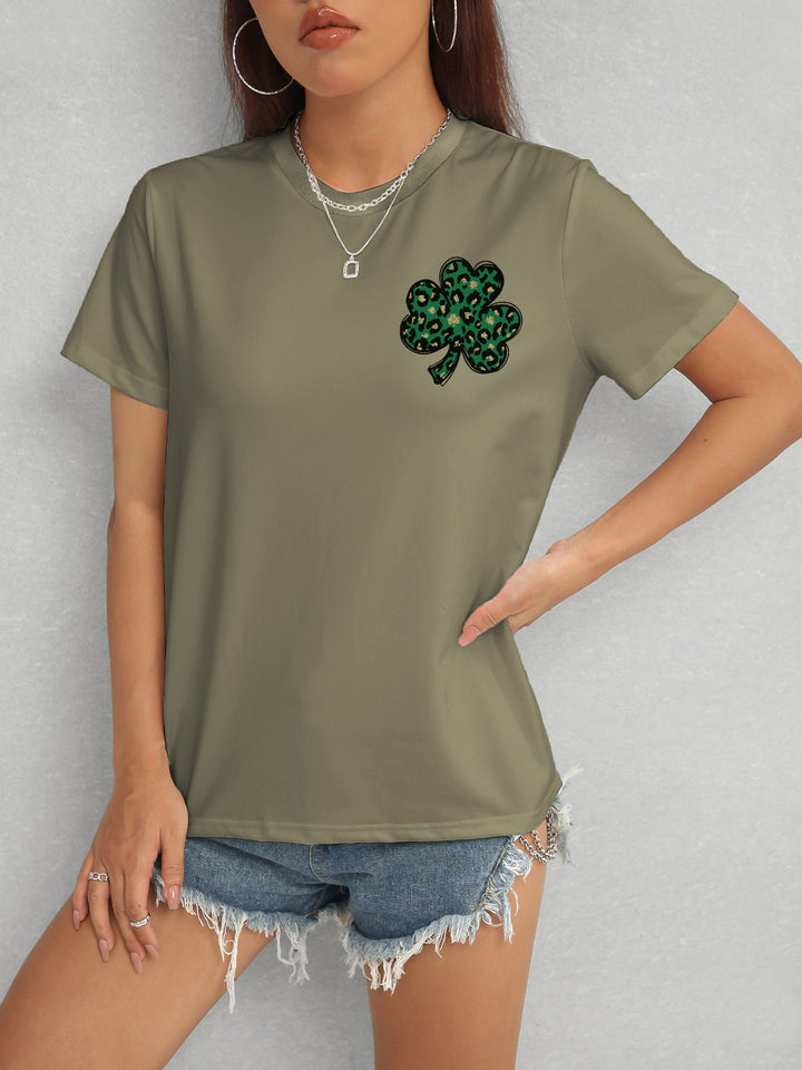 Lucky Clover Round Neck Short Sleeve T-Shirt | Trendsi