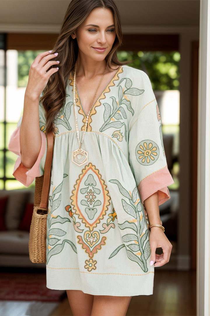 Printed V-Neck Three-Quarter Sleeve Mini Dress | Trendsi