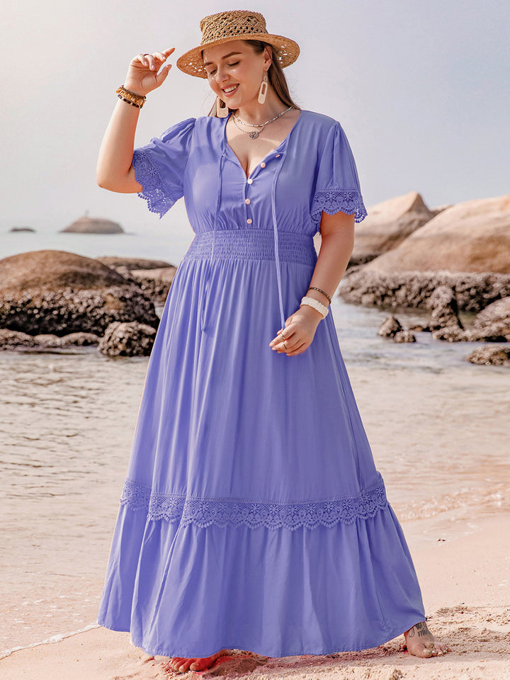 Plus Size Lace Detail Tie Neck Short Sleeve Maxi Dress | Trendsi