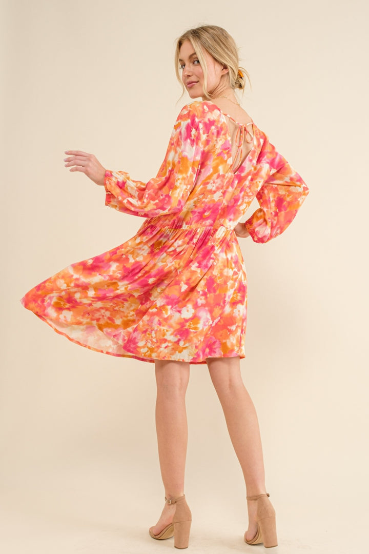 And The Why Full Size Printed Tie Back Long Sleeve Dress | Trendsi