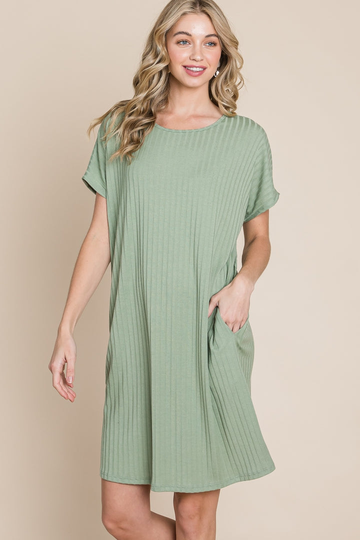 BOMBOM Ribbed Round Neck Short Sleeve Dress | Trendsi