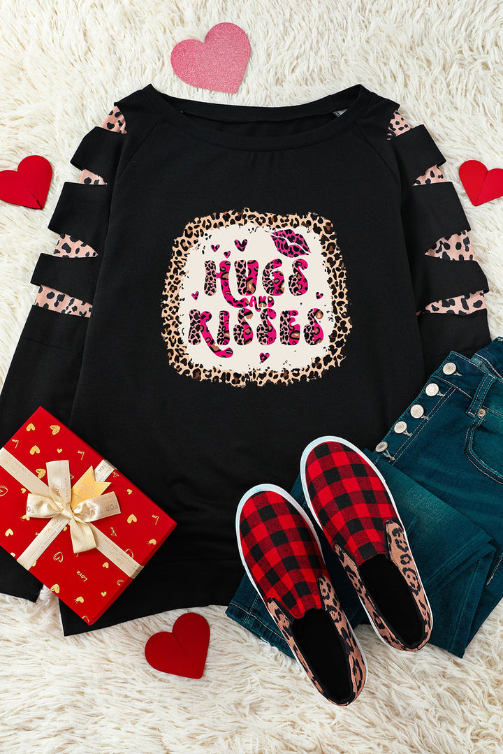 HUGS AND KISSES Leopard Round Neck Sweatshirt | Trendsi