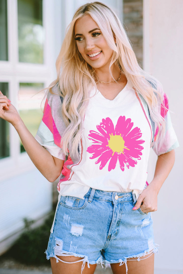 Daisy Graphic V-Neck Half Sleeve T-Shirt | Trendsi