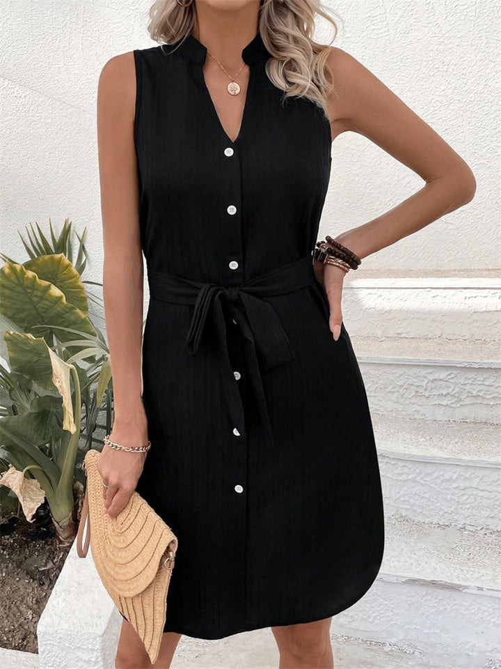 Tied Buttoned Up Notched Sleeveless Dress | Trendsi