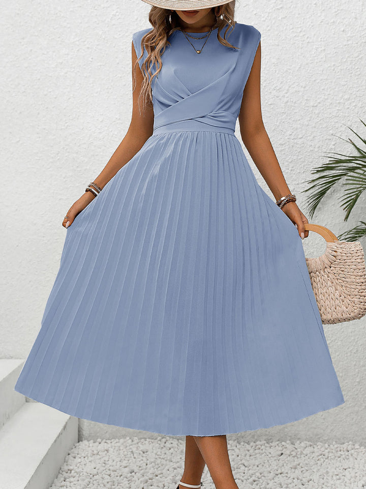 Pleated Round Neck Cap Sleeve Dress | Trendsi