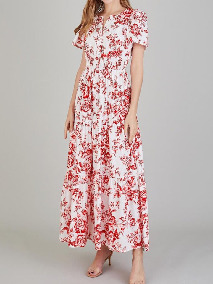 Tiered Floral Notched Short Sleeve Dress | Trendsi