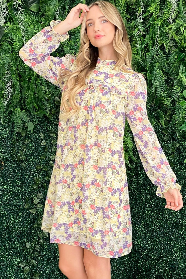 And The Why Floral Mock Neck Flounce Sleeve Dress | Trendsi