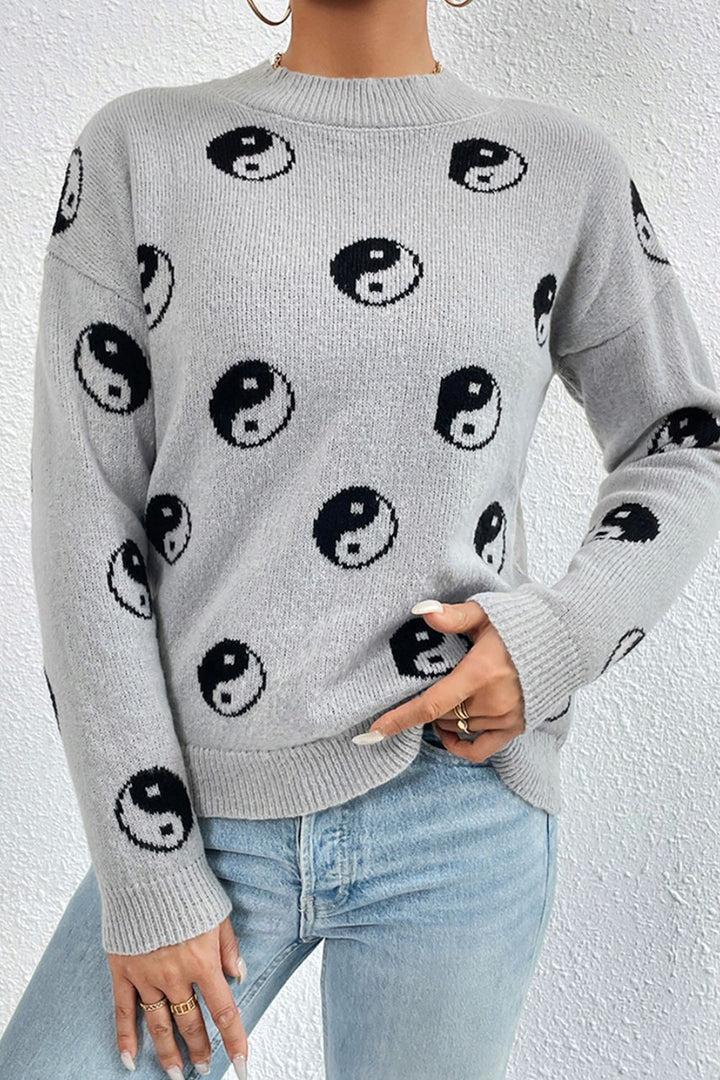 Graphic Mock Neck Dropped Shoulder Sweater | Trendsi