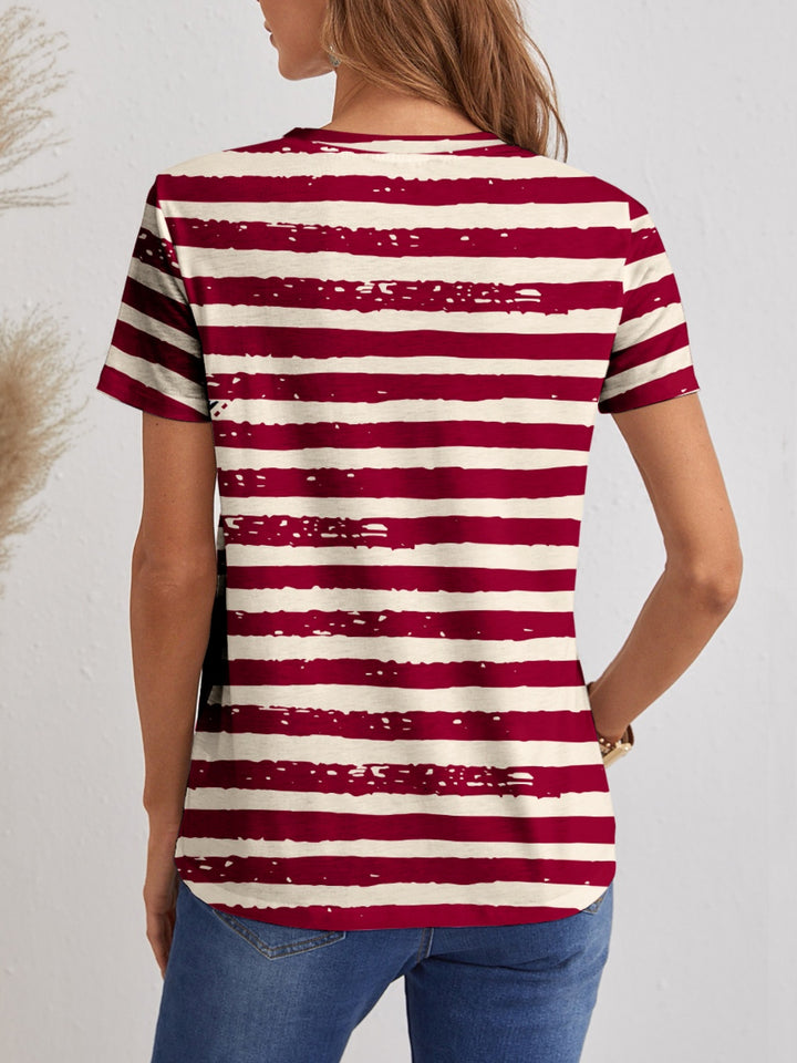 Striped V-Neck Short Sleeve T-Shirt | Trendsi