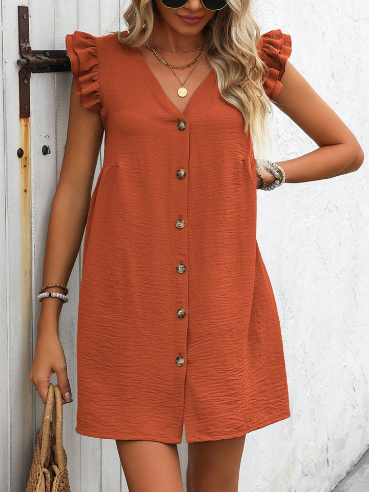 Button Up V-Neck Cap Sleeve Mini Dress | Trendsi