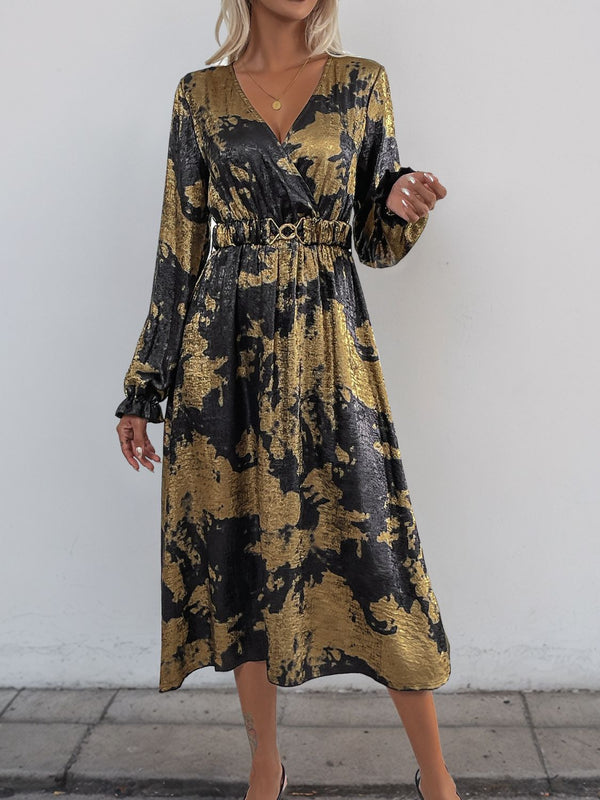 Perfee Printed Surplice Long Sleeve Midi Dress | Trendsi