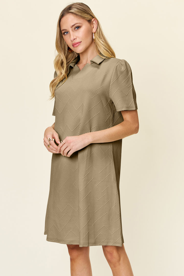 Double Take Full Size Texture Collared Neck Short Sleeve Dress | Trendsi