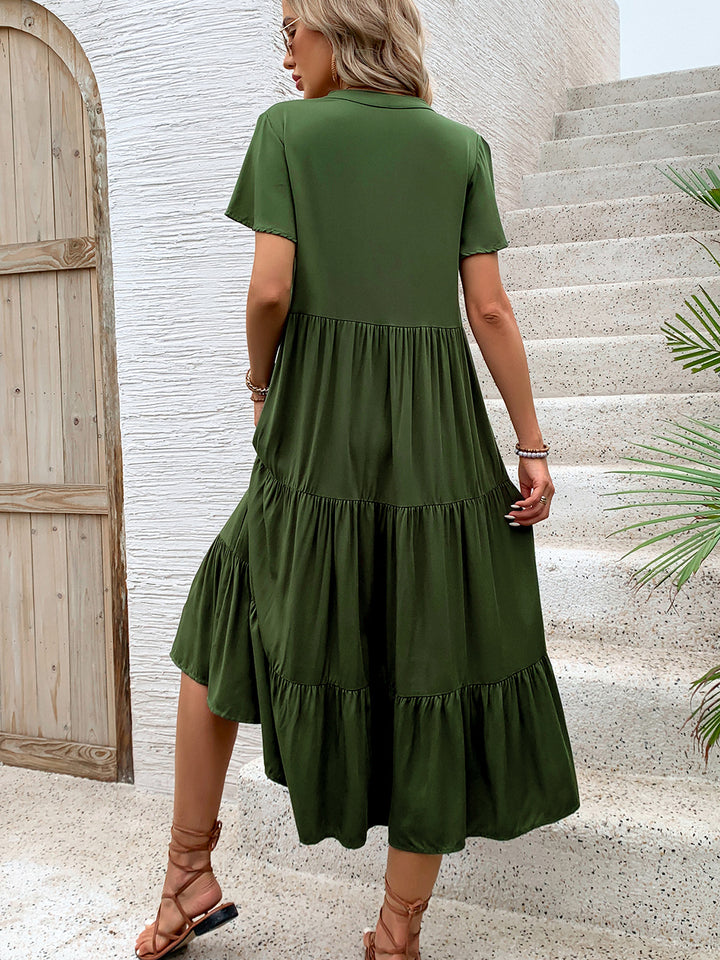 Tiered Notched Short Sleeve Midi Dress | Trendsi