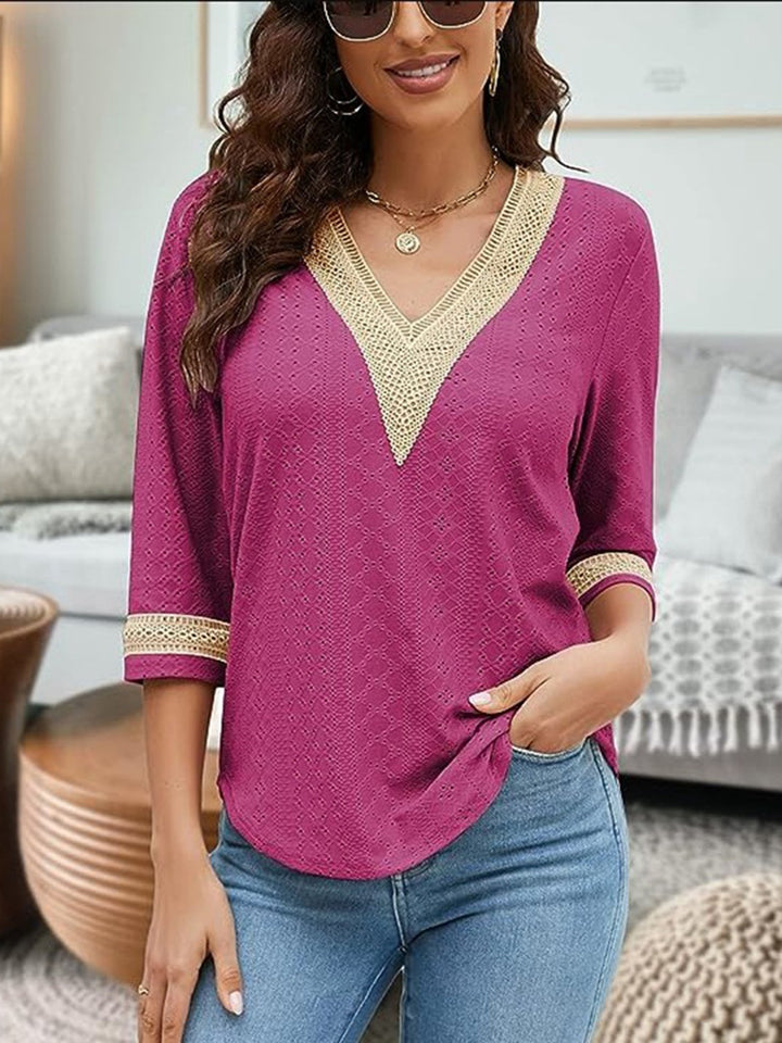 V-Neck Eyelet Blouse | Trendsi