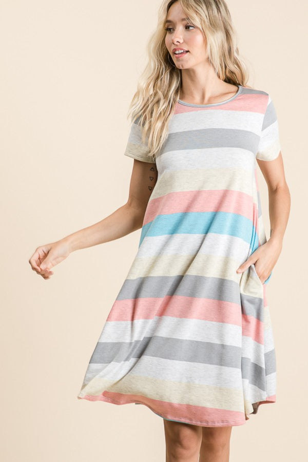 BOMBOM Striped Short Sleeve Dress with Pockets | Trendsi