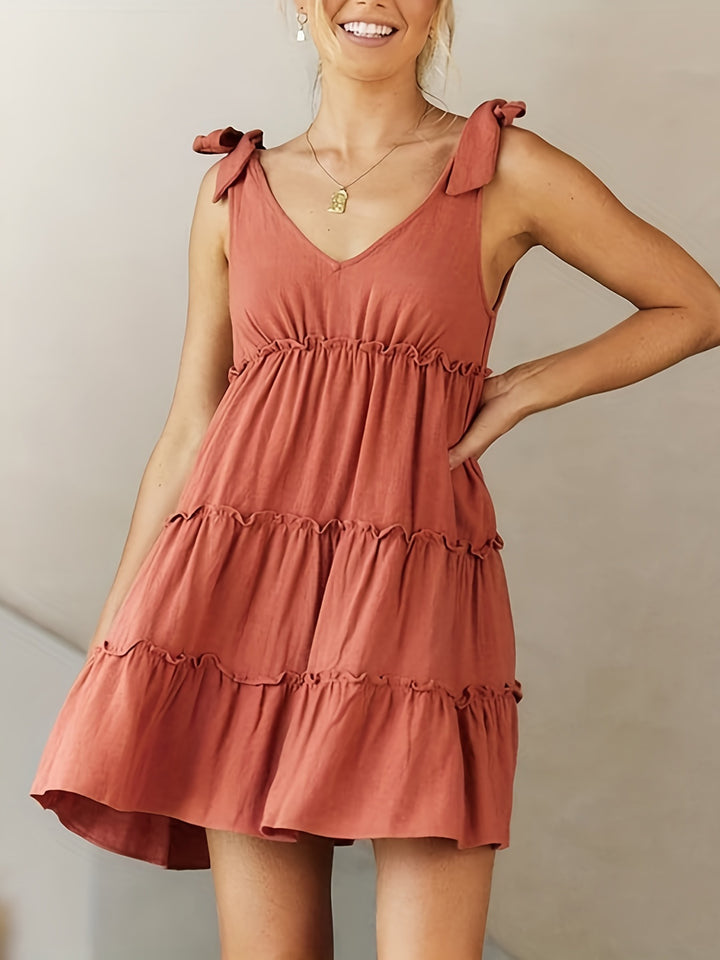 Full Size Frill V-Neck Tie Shoulder Mini Dress | Trendsi