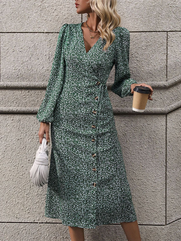 Printed Surplice Long Sleeve Midi Dress | Trendsi