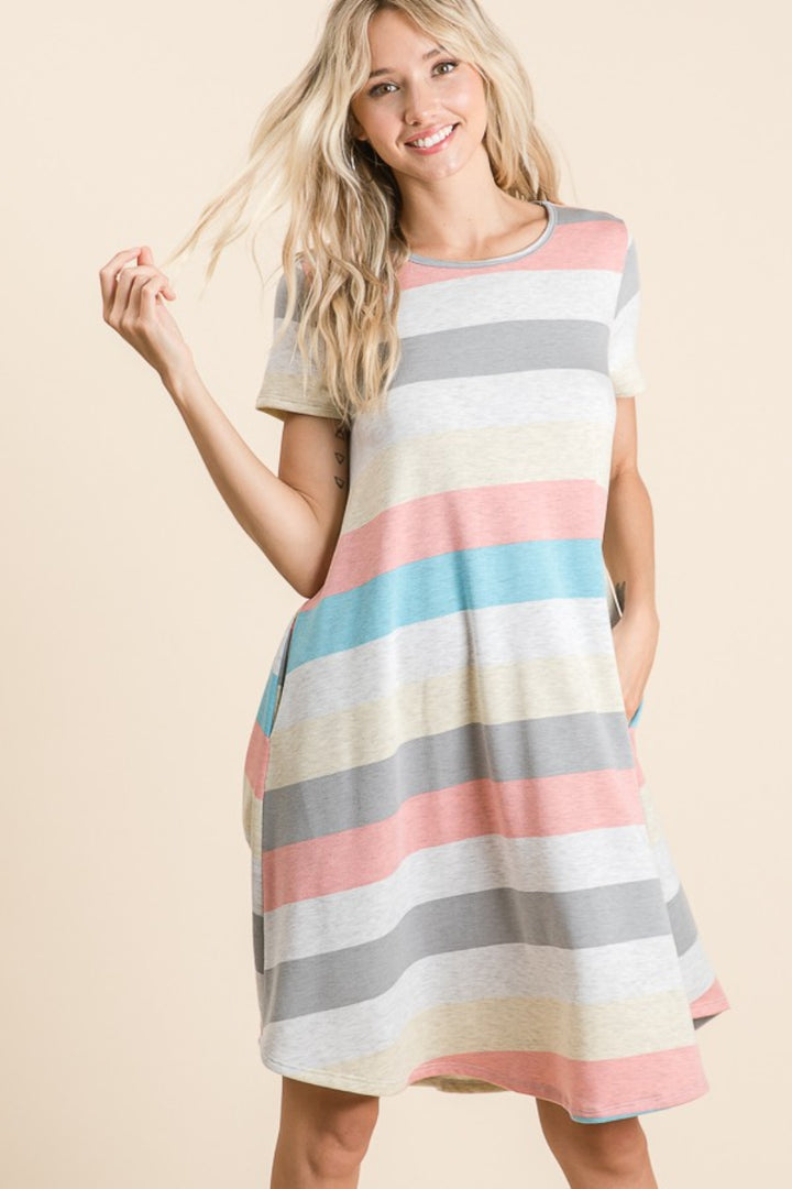 BOMBOM Striped Short Sleeve Dress with Pockets | Trendsi