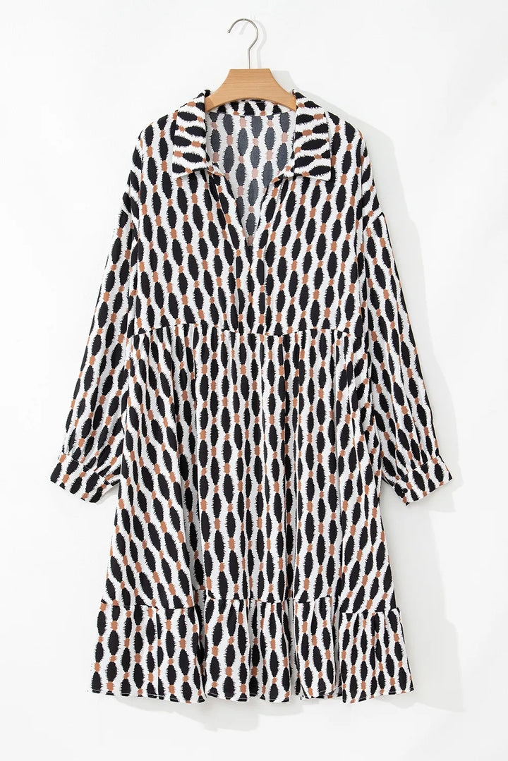 Plus Size Printed Johnny Collar Long Sleeve Dress | Trendsi