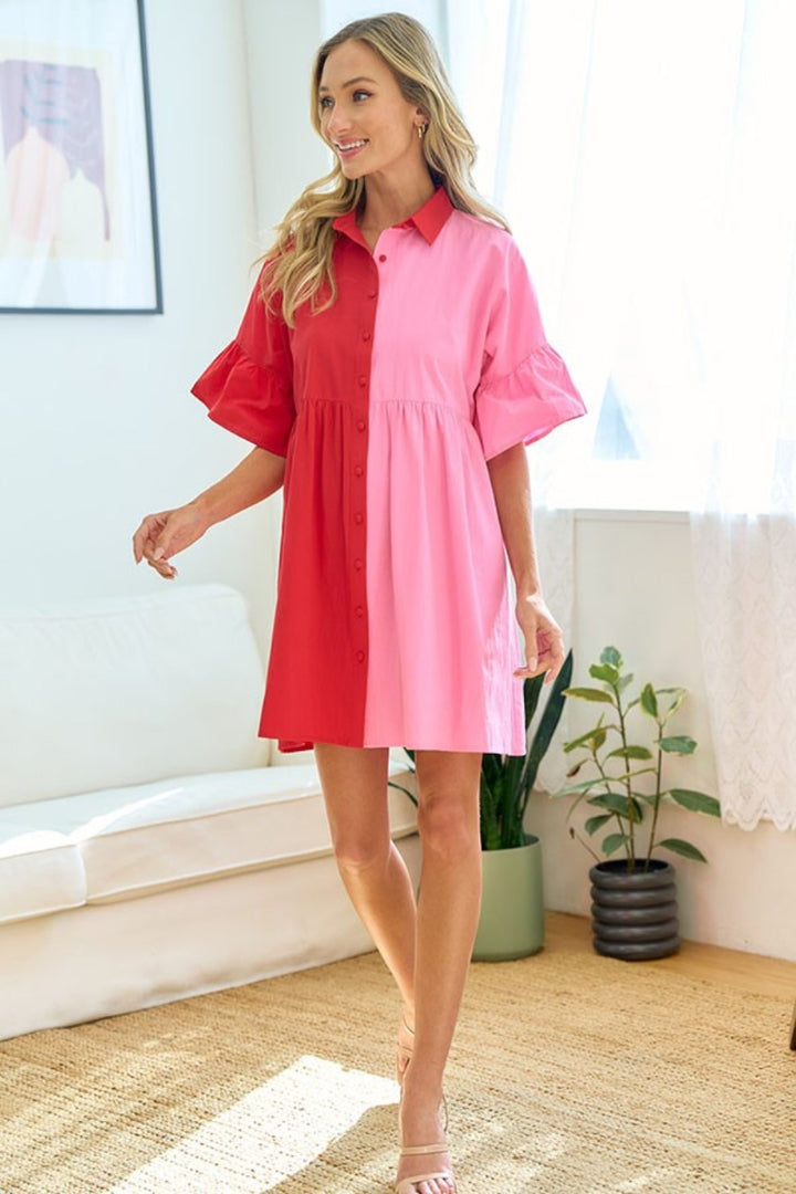 First Love Full Size Color Blocked Button Down Babydoll Dress | Trendsi