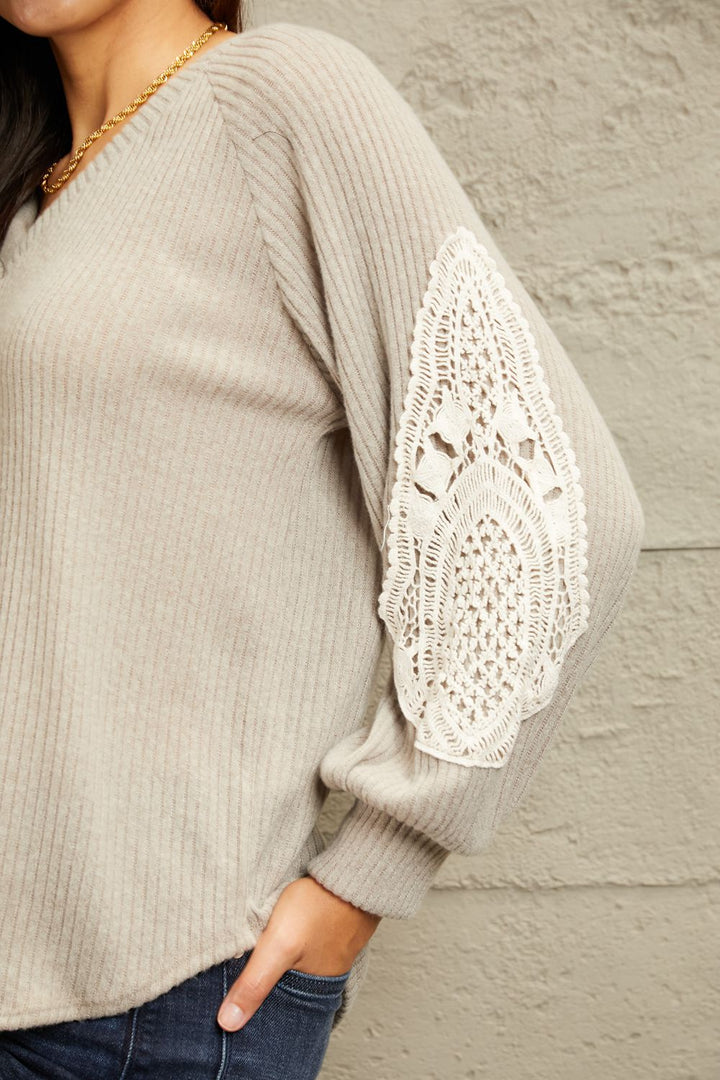 Sew In Love Full Size Lace Patch Detail Sweater | Trendsi