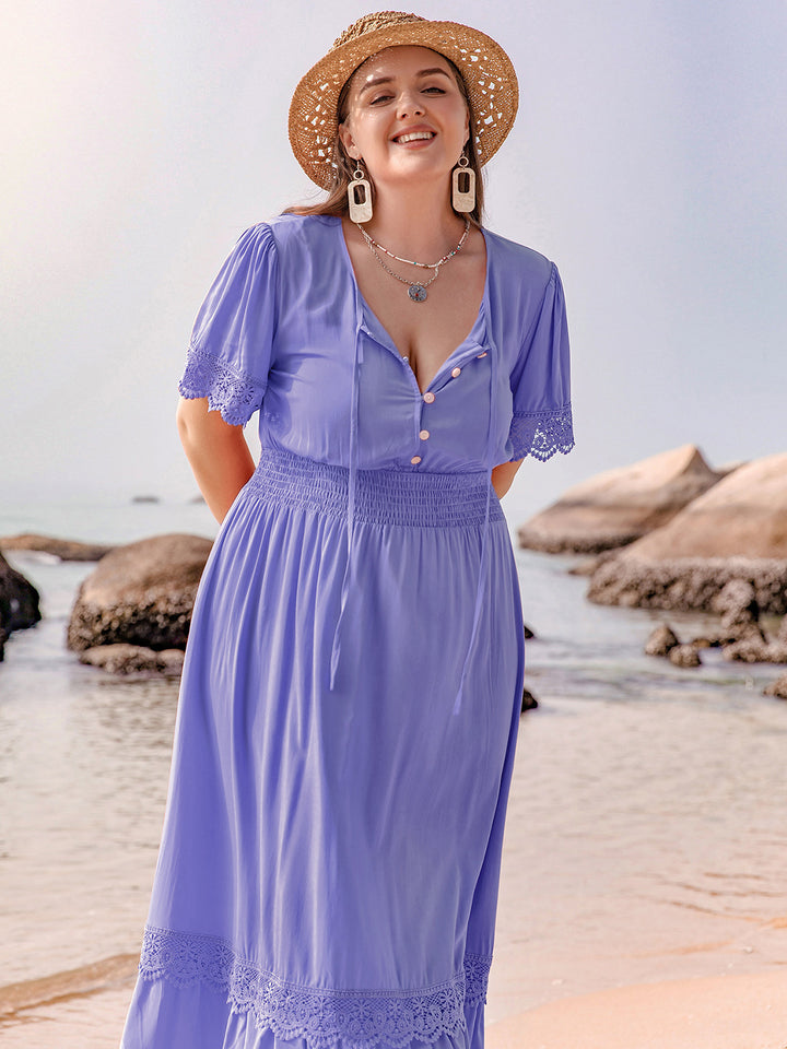 Plus Size Lace Detail Tie Neck Short Sleeve Maxi Dress | Trendsi