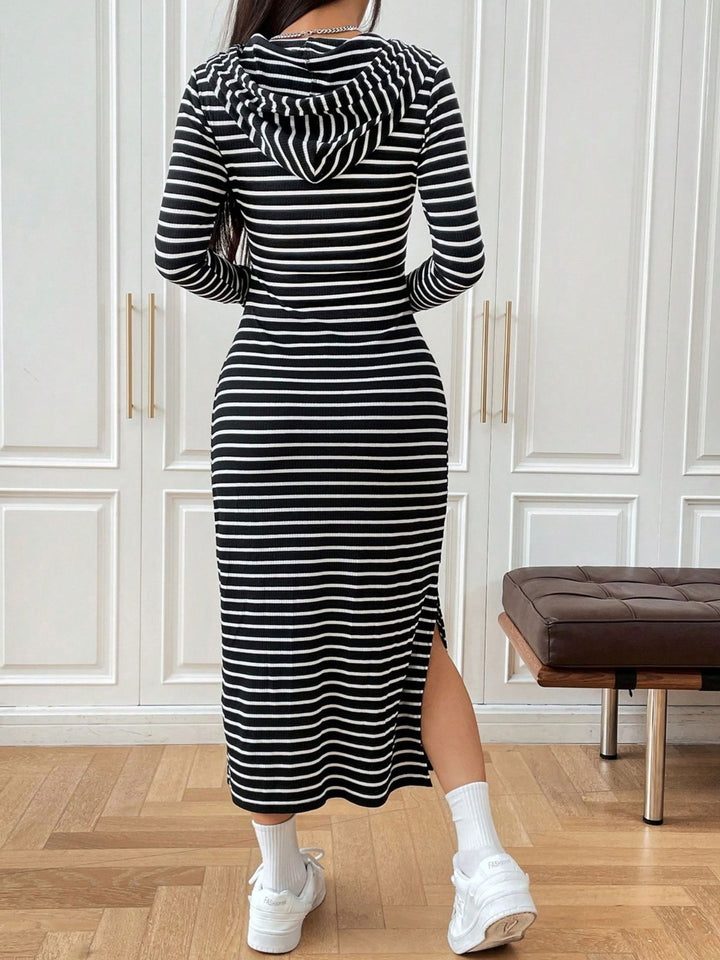 Drawstring Striped Long Sleeve Hooded Dress | Trendsi