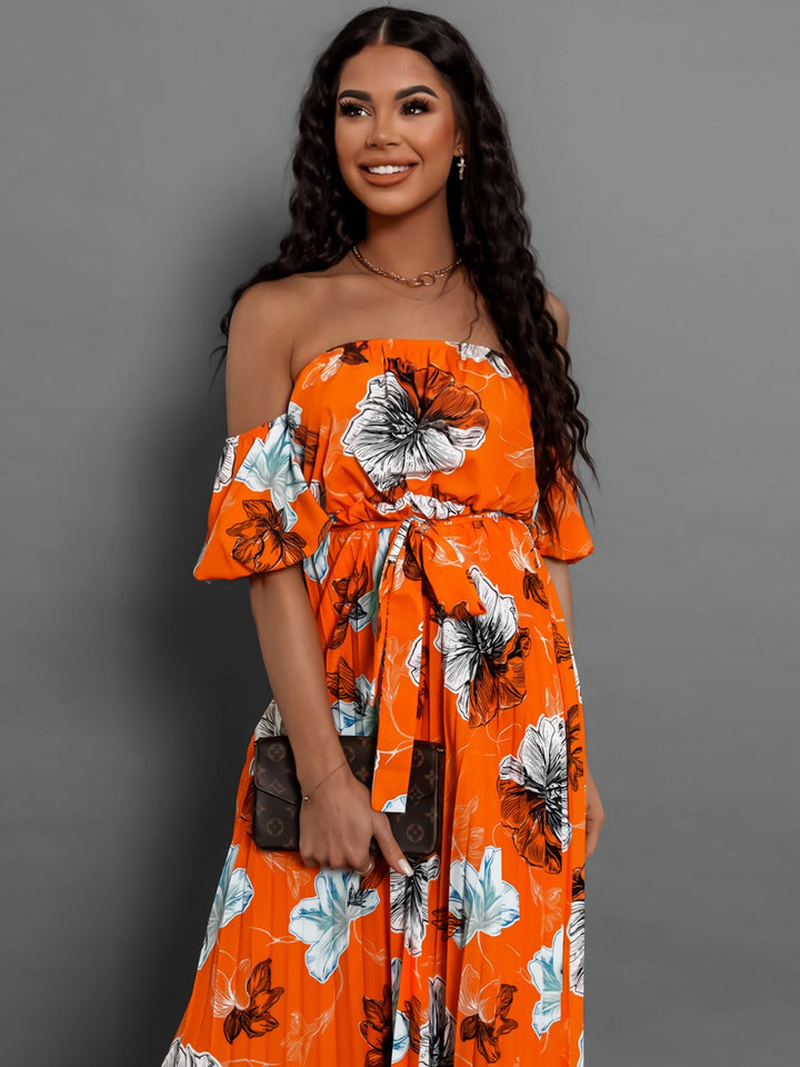 Pleated Floral Off-Shoulder Short Sleeve Midi Dress | Trendsi