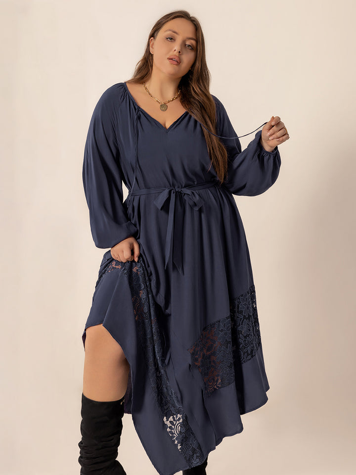 Plus Size Lace Detail Tie Neck Long Sleeve Midi Dress | Trendsi