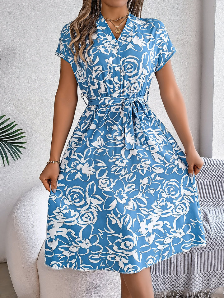 Printed V-Neck Short Sleeve Dress | Trendsi