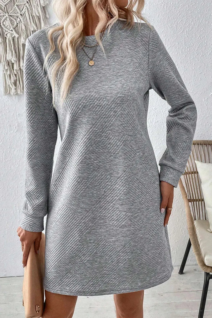 Textured Round Neck Long Sleeve Mini Dress | Trendsi